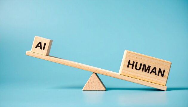 Seesaw comparing AI block and human block