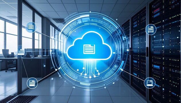 Cloud computing icon over server racks technology