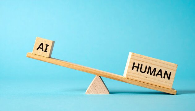 Seesaw comparing AI block and human block