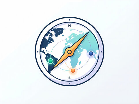 Flat vector compass icon graphic displaying world map background golden needle pointing northeast navigation travel agency branding web element