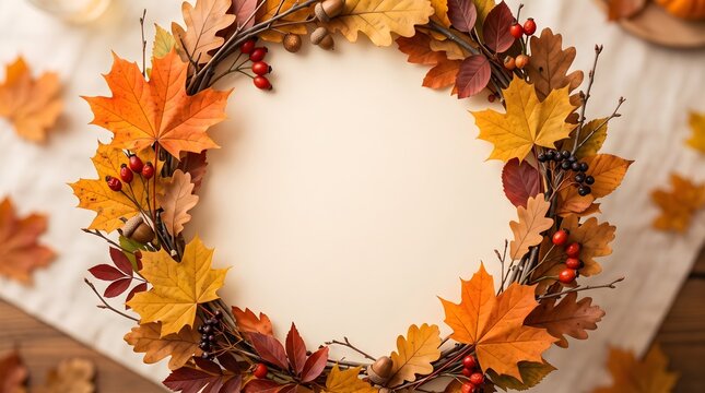 A top-view composition of a round autumn leaf wreath made of twig, pinecones, berries, and colorful maple leaves surrounding a blank circular center.