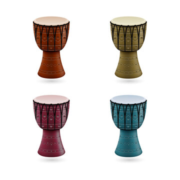 Four colorful djembe drums on transparent background