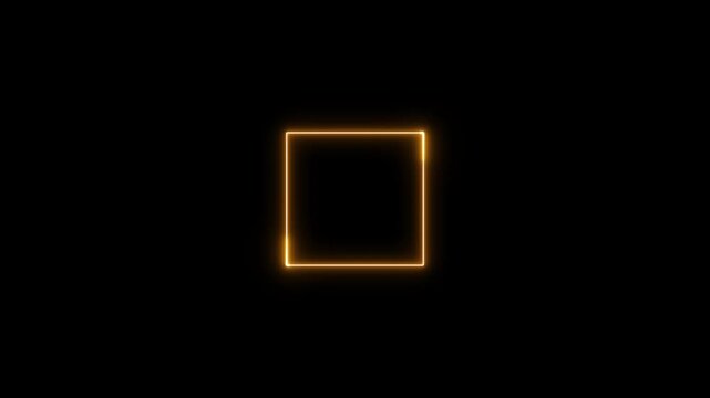 A neon square frame orange color laser line on black background. Square rectangle picture frame with three tine neon animation.