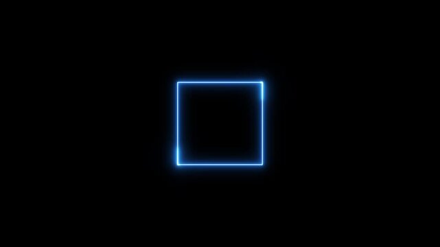 A neon square frame blue color laser line on black background. Square rectangle picture frame with three tine neon animation.