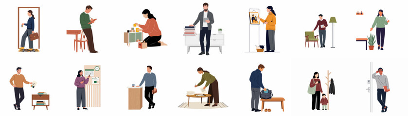 Fototapeta premium Set of vector illustrations depicting people engaged in various daily activities and routines at home, featuring diverse characters and modern furniture.