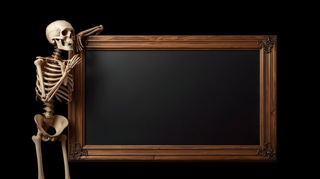 Playful Halloween Skeleton Leaning Over Empty Chalkboard with Dark Black Background and Dramatic Studio Lighting