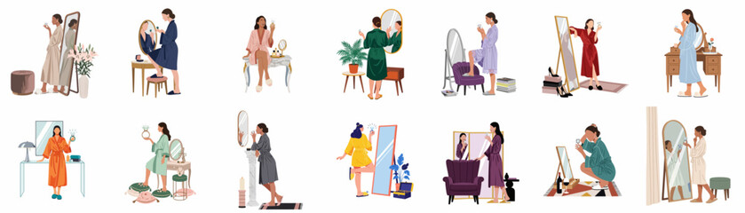 Obraz premium Diverse set of women in bathrobes doing morning beauty routines and self-care rituals illustrated on a white background