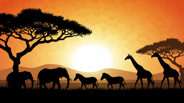 African wildlife silhouette featuring majestic elephants zebras and tall giraffes walking peacefully across the grassy plains during a beautiful golden sunset in the wild savanna landscape