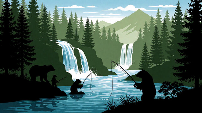 Silhouetted grizzly bears stand along a rushing river using fishing rods to catch salmon while serene waterfalls cascade down from high green mountain pine forests