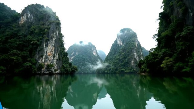 Lush green jungle-covered limestone karsts rising from a calm, emerald-green river, misty mountains in the background, Asian landscape
