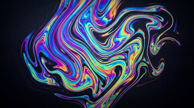Textura de tinta de aceite iridiscente en remolinos hologr&aacute;ficos sobre fondo negro