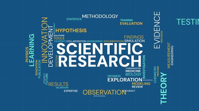 Scientific research word cloud animation with blue blueprint background