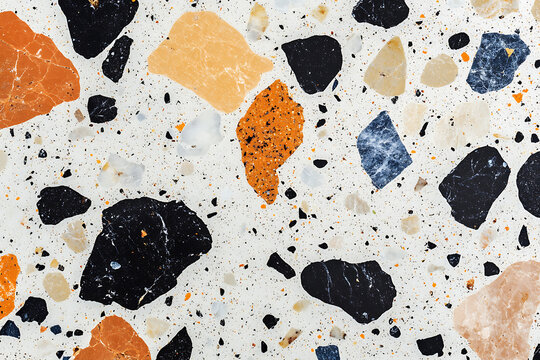 Colorful Terrazzo Design with Irregular Shapes and Decorative Speckles.