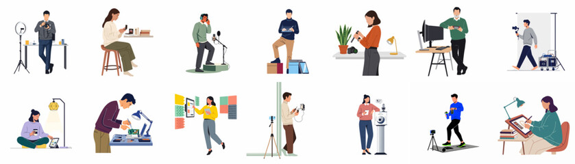 Fototapeta premium Collection of Diverse Flat Vector Illustrations Depicting People in Modern Creative Professions, Digital Content Creation, and Contemporary Lifestyles.