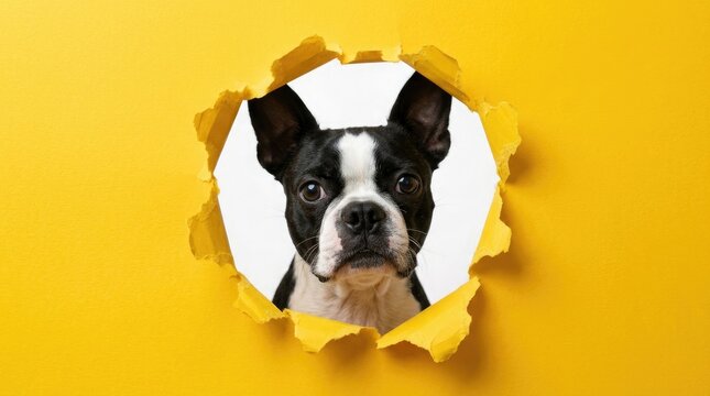 Curious black and white Boston Terrier looking out