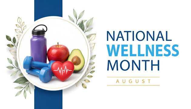 National Wellness Month banner with fitness icons and healthy food elements