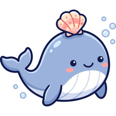 Naklejka premium Adorable Blue Whale with Seashell Hat: A charming, cartoon-style blue whale floats playfully in the water, sporting a cute pink seashell as a hat and surrounded by cheerful bubbles.