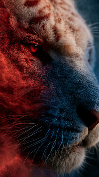 Extreme close up , the red eyes of white tiger looking forward , red fire effect reflection around the face look powerful.