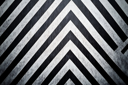Geometric black and white chevron pattern background with bold modern graphic elements.