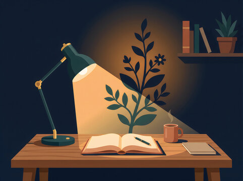 Desk lamp shadow shaped like growing plant learning concept flat vector illustration