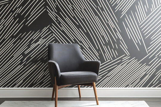 Contemporary Armchair Interior with Bold Monochrome Graphic Wall Design.