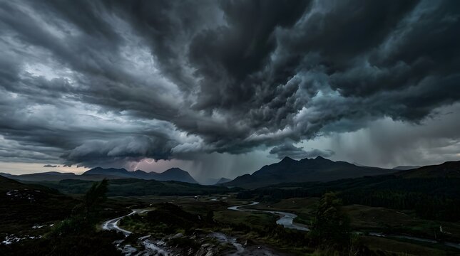 Dramatic storm clouds over mountain landscape, dark moody sky with heavy rain, cinematic nature scenery for weather background