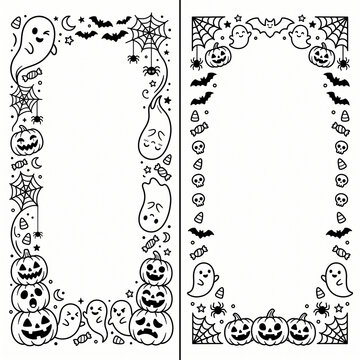 Halloween Coloring Page Borders Vector Set with Cute Ghosts, Jack O Lantern Pumpkins, Spiderwebs, Bats, and Candies Line Art Isolated on White Background
