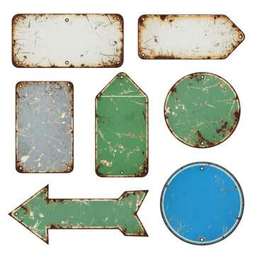 Collection of vintage rusty metal signs in various shapes isolated on transparent background for retro design