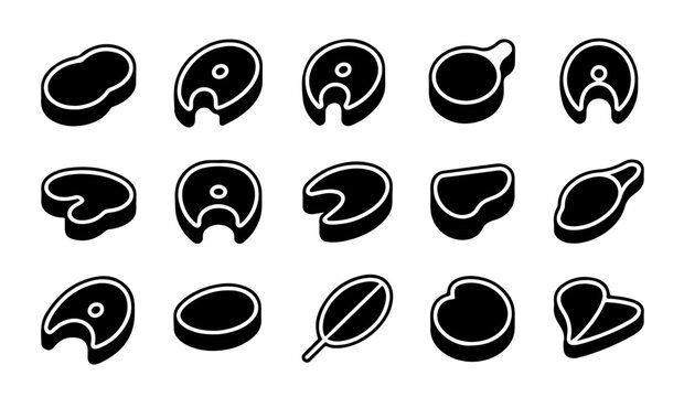 Detailed set of meat steak cuts and fish portions in minimalist black vector format.