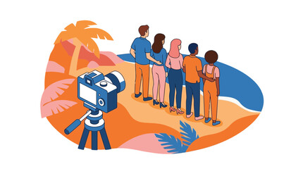 Obraz premium Group of people standing on a tropical beach with camera