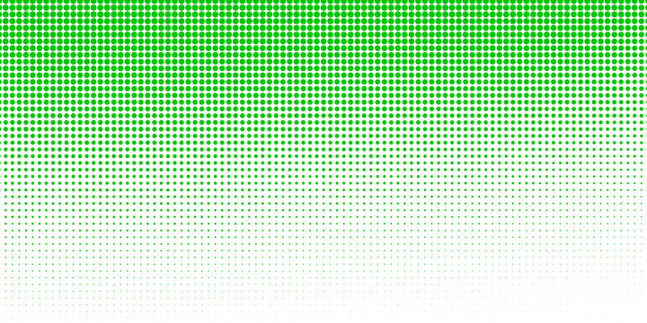 Slash green halftone gradient texture. Fading cartoon polka dot background. Dotted corner gradation pattern. Fading comic pop art overlay backdrop. Vector slant frame halfton patern effect wallpaper
