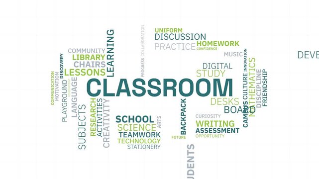 Classroom word cloud animation with education and school related typography terms