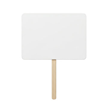 Blank white rectangular sign with wooden handle isolated on transparent background for protest or event announcements