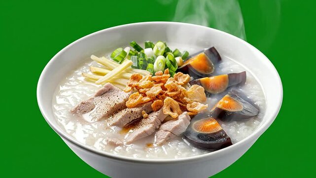 Classic Thai Khao Tom Jasmine Rice Congee With Chicken And Century Eggs Isolated On Vibrant Green Background