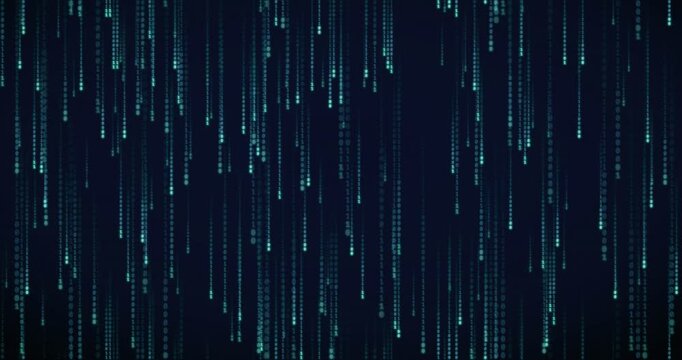 Binary code streams cascade down in a deep violet matrix animation with radiant glow.
