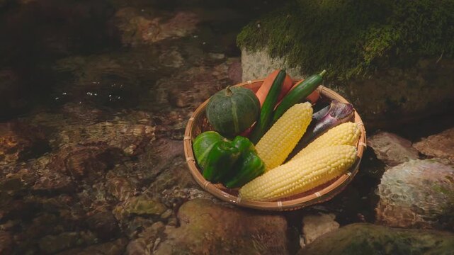 清流に浸した夏野菜