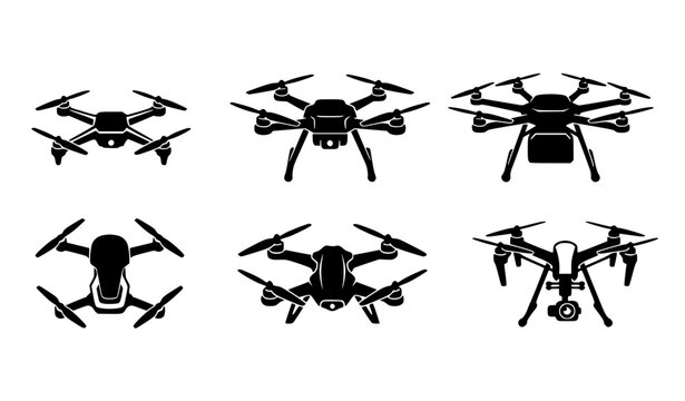 Multi rotor drone icon collection featuring quadcopter hexacopter and octocopter UAV silhouettes