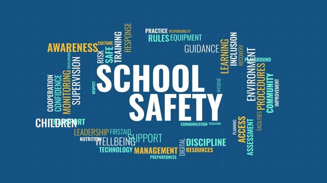 School Safety Word Cloud Concept with Education, Security, and Protection Typography on Blue Background