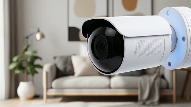 Close Up of a Wall-Mounted Indoor Security Camera in a Modern Living Room with Stylish Furniture and Decorative Elements