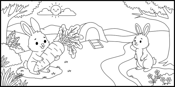 Two Rabbits with Carrot in Field Coloring Page Illustration