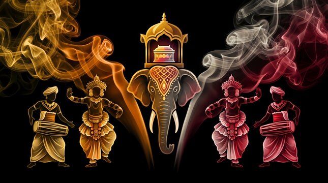 Kandy Esala Perahera Sri Lanka &ndash; Traditional Kandyan Dancers, Ceremonial Elephant and Cultural Festival Smoke Art
