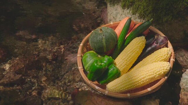 清流に浸した夏野菜