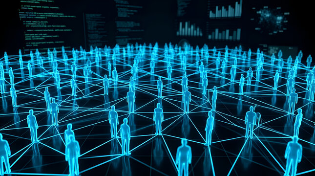 Network grid containing glowing blue digital silhouettes connected by communication lines.