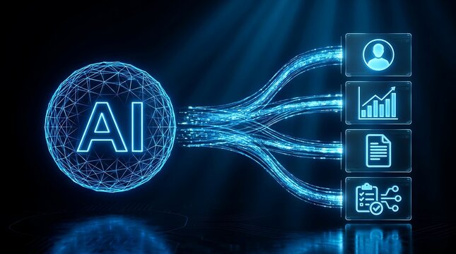 Digital AI sphere emitting light streams to connect with icons for people, charts, documents, and tasks, illustrating artificial intelligence capabilities.