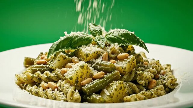 Classic Ligurian Pesto Alla Genovese With Trofie Pasta Isolated On Vibrant Green Background Perfect For Culinary Visuals And Food Photography