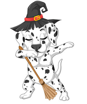 Cute Dalmatian dog wearing witch hat holding broom dabbing Halloween vector illustration