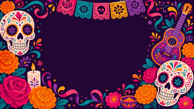 Vibrant Day of the Dead celebration frame with sugar skulls, marigolds, papel picado, and a guitar on a dark purple background.