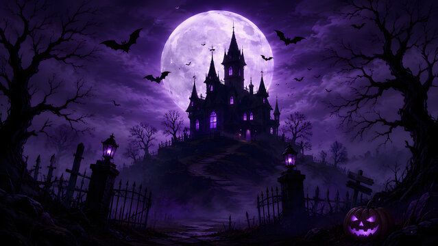 Spooky haunted castle on hill under glowing purple full moon with flying bats and jack o lantern. Halloween night scene with cemetery gate background. Ideal for scary party invitations.