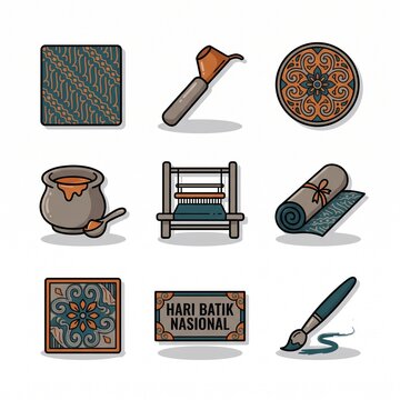 Heritage batik textile and craft tool icon collection