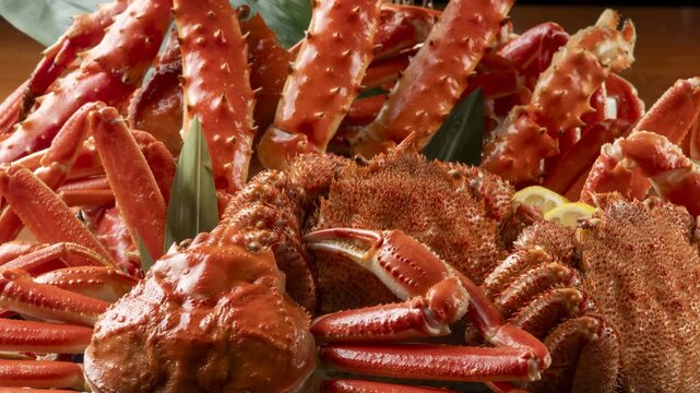 盛り付けた茹でた毛ガニ・タラバガニ・ズワイガニの三種盛り。鮮やかな赤色が食欲をそそる、北海道の高級海鮮・カニ料理・贈り物のイメージ写真。